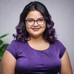 A charming chubby girl with shoulder length silky hair, wearing spectacles and a mixed frock of purple and black colors, showcasing her lovely dimples