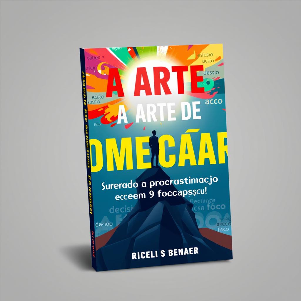 An engaging and modern e-book cover design featuring the title 'A Arte de Começar: Superando a Procrastinação em 9 Passos' prominently displayed