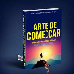 An engaging and modern e-book cover design featuring the title 'A Arte de Começar: Superando a Procrastinação em 9 Passos' prominently displayed