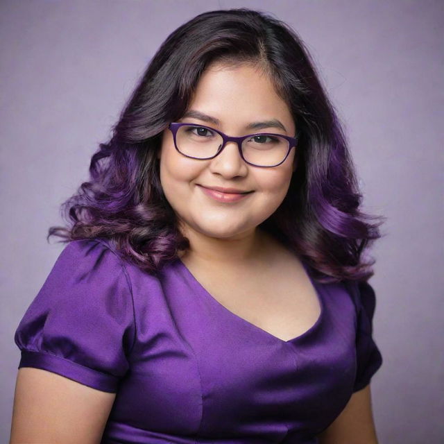 A charming chubby girl with shoulder length silky hair, wearing spectacles and a mixed frock of purple and black colors, showcasing her lovely dimples