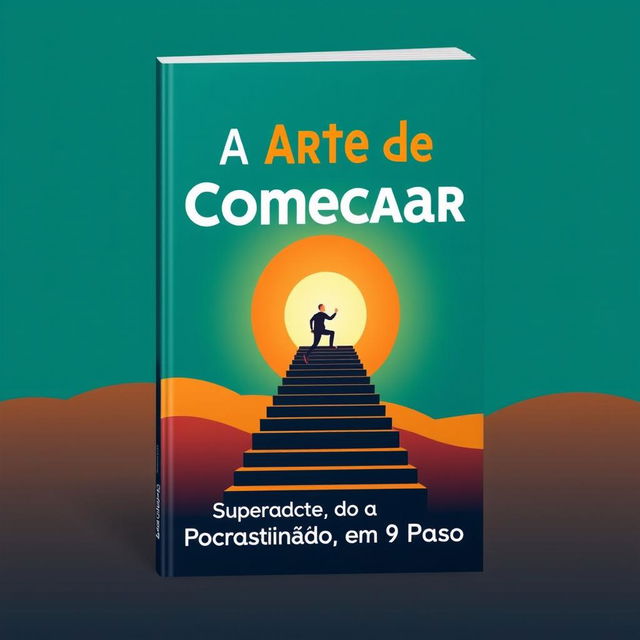 A visually engaging e-book cover design for 'A Arte de Começar: Superando a Procrastinação em 9 Passos'