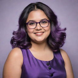 A charming chubby girl with shoulder length silky hair, wearing spectacles and a mixed frock of purple and black colors, showcasing her lovely dimples