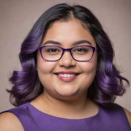 A charming chubby girl with shoulder length silky hair, wearing spectacles and a mixed frock of purple and black colors, showcasing her lovely dimples