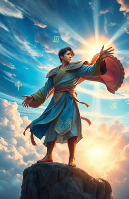 A young man known as the Sky Conqueror stands at the edge of a majestic cliff, gazing at the vast sky filled with swirling clouds and vibrant colors of dawn