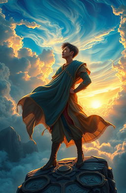 A young man known as the Sky Conqueror stands at the edge of a majestic cliff, gazing at the vast sky filled with swirling clouds and vibrant colors of dawn