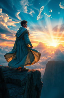 A young man known as the Sky Conqueror stands at the edge of a majestic cliff, gazing at the vast sky filled with swirling clouds and vibrant colors of dawn