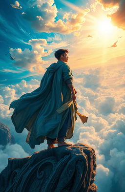 A young man known as the Sky Conqueror stands at the edge of a majestic cliff, gazing at the vast sky filled with swirling clouds and vibrant colors of dawn