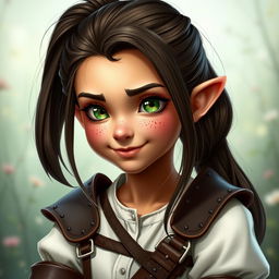 A little Halfling woman with dark-brown, full hair pulled back into a ponytail