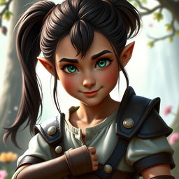 A little Halfling woman with dark-brown, full hair pulled back into a ponytail