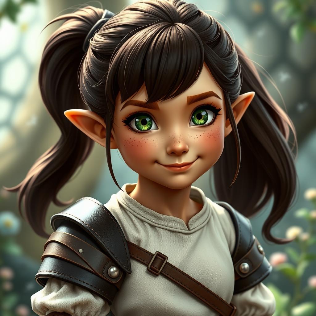 A little Halfling woman with dark-brown, full hair pulled back into a ponytail