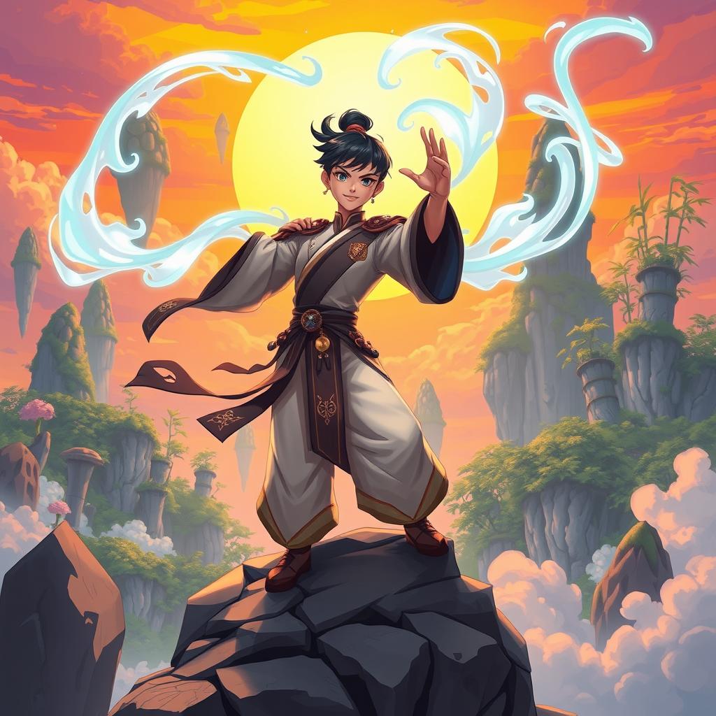 A young man known as the Sky Conqueror is depicted in a dynamic 2D artwork, as he strives to achieve the pinnacle of spiritual power in a captivating Chinese fantasy landscape