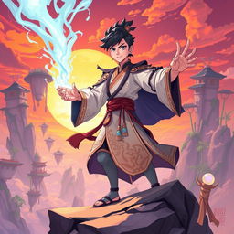 A young man known as the Sky Conqueror is depicted in a dynamic 2D artwork, as he strives to achieve the pinnacle of spiritual power in a captivating Chinese fantasy landscape