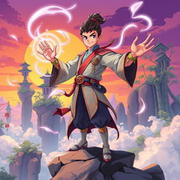 A young man known as the Sky Conqueror is depicted in a dynamic 2D artwork, as he strives to achieve the pinnacle of spiritual power in a captivating Chinese fantasy landscape