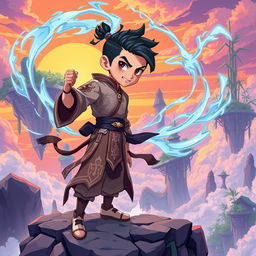 A young man known as the Sky Conqueror is depicted in a dynamic 2D artwork, as he strives to achieve the pinnacle of spiritual power in a captivating Chinese fantasy landscape