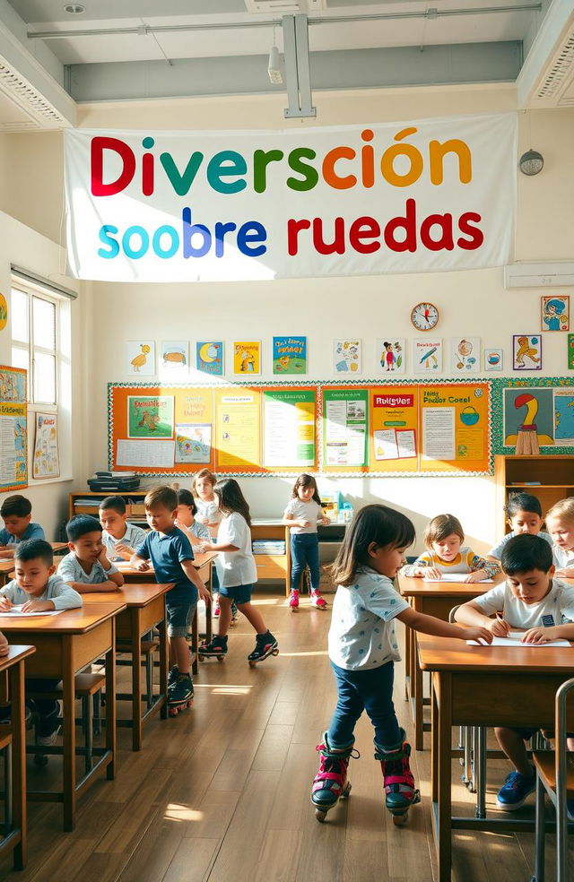 A lively classroom filled with colorful educational posters and classic wooden desks, with children playing joyfully