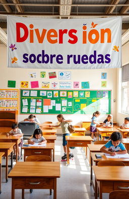 A lively classroom filled with colorful educational posters and classic wooden desks, with children playing joyfully