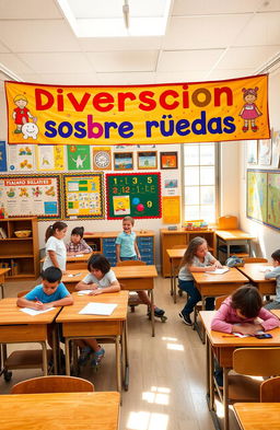 A lively classroom filled with colorful educational posters and classic wooden desks, with children playing joyfully