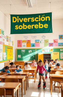 A lively classroom filled with colorful educational posters and classic wooden desks, with children playing joyfully