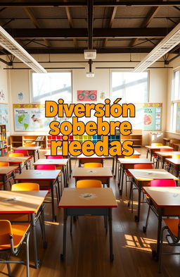 A vibrant and colorful classroom setting, filled with desks, chairs, and educational posters on the walls