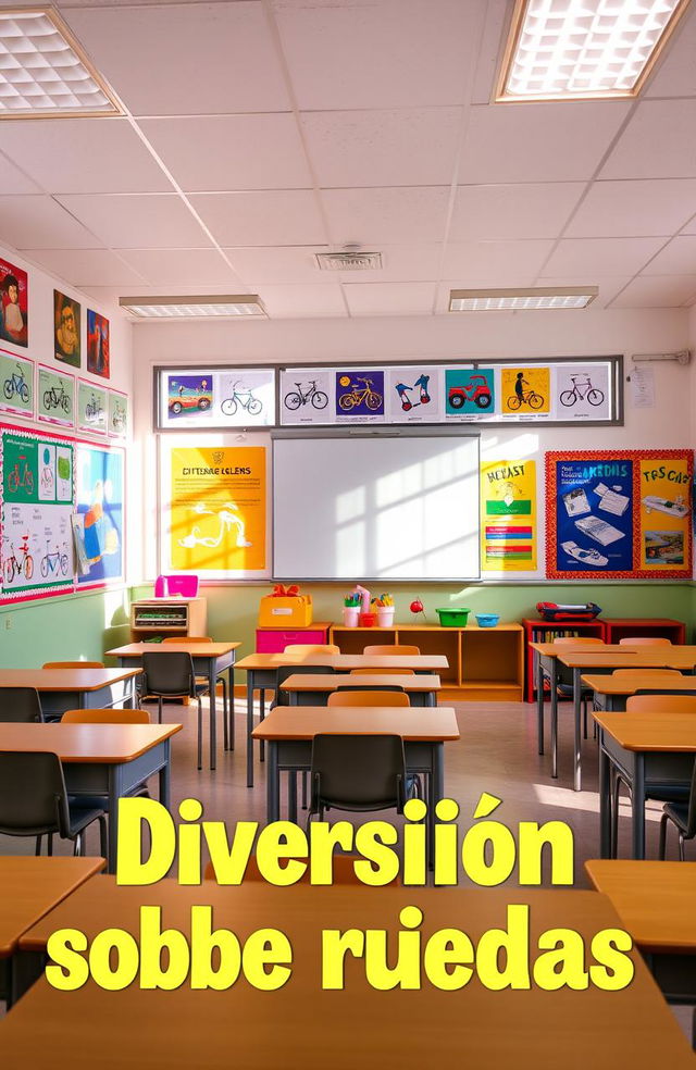 A vibrant and colorful classroom setting, filled with desks, chairs, and educational posters on the walls