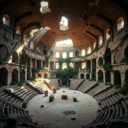 The interior of an abandoned coliseum, showcasing crumbling stone walls and overgrown vegetation reclaiming the once grand structure