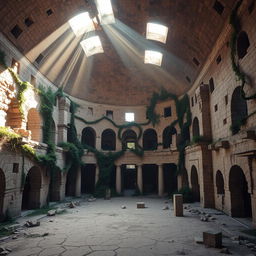 The interior of an abandoned coliseum, showcasing crumbling stone walls and overgrown vegetation reclaiming the once grand structure