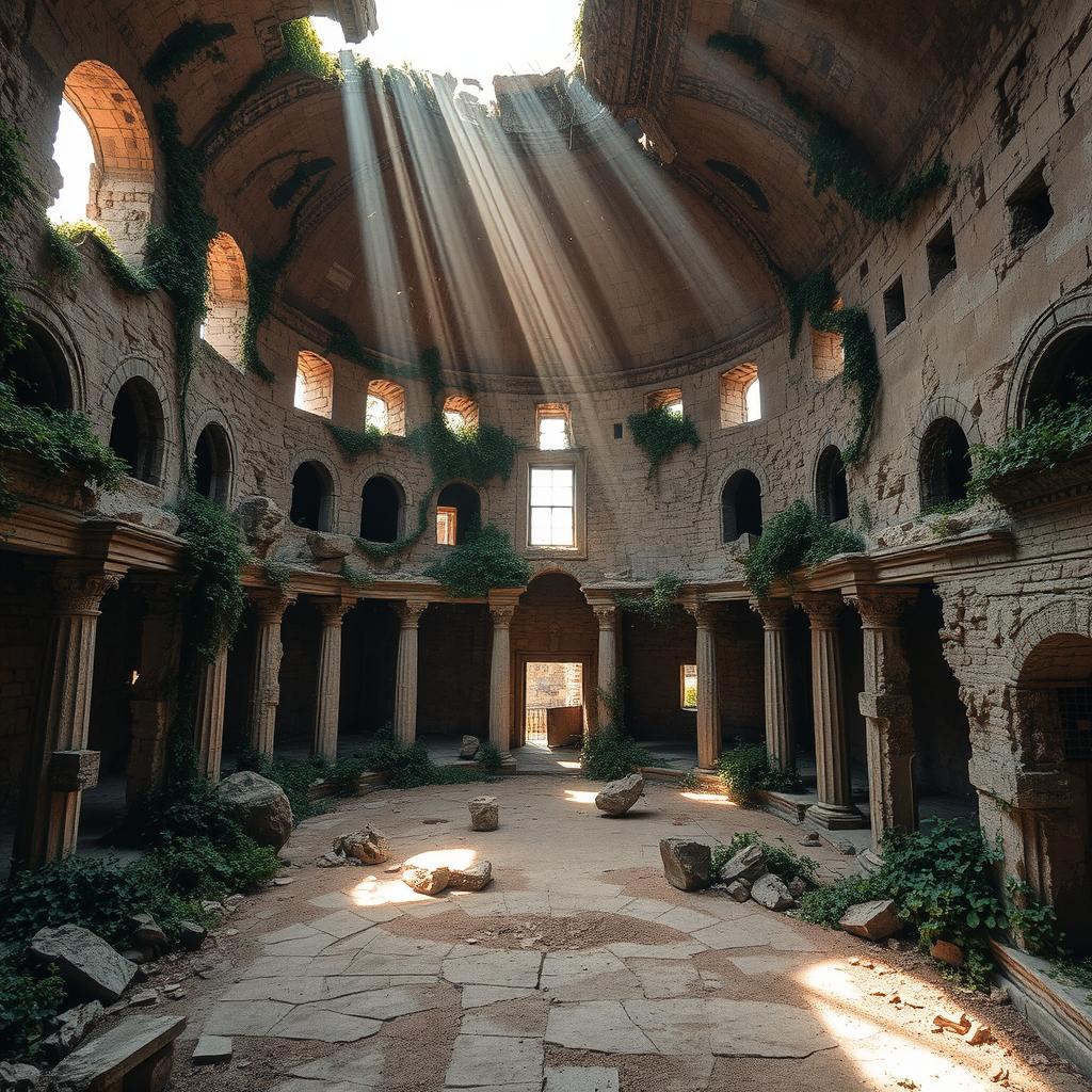 The interior of an abandoned coliseum, showcasing crumbling stone walls and overgrown vegetation reclaiming the once grand structure