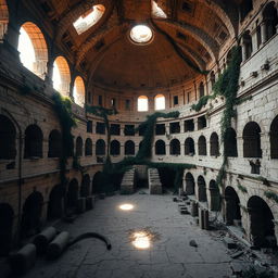 The interior of an abandoned coliseum, showcasing crumbling stone walls and overgrown vegetation reclaiming the once grand structure