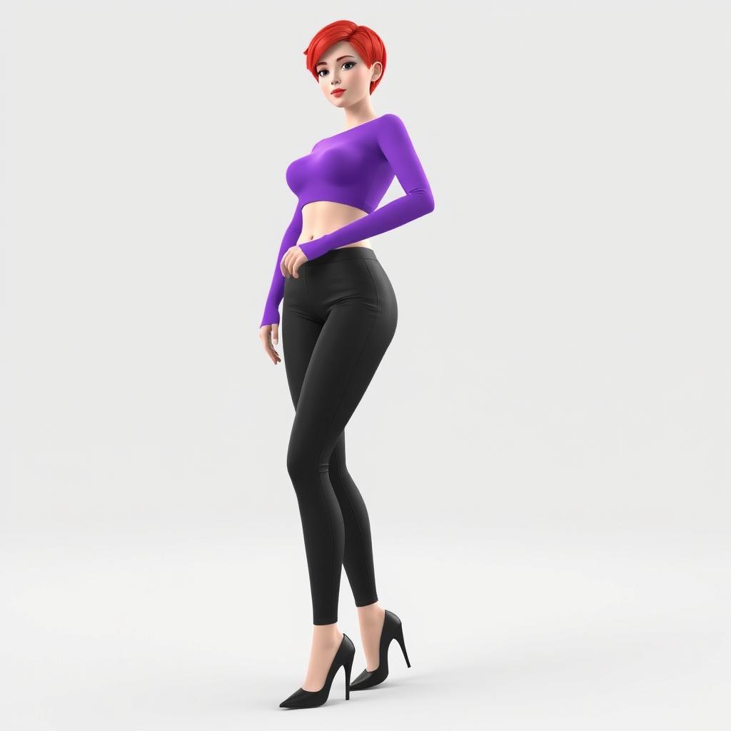 A 3D model of a woman with short red hair, wearing a long sleeve purple crop top that exposes her midriff, paired with long black pants and black high-heeled shoes