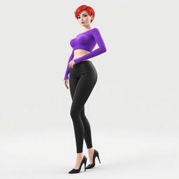 A 3D model of a woman with short red hair, wearing a long sleeve purple crop top that exposes her midriff, paired with long black pants and black high-heeled shoes