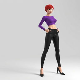 A 3D model of a woman with short red hair, wearing a long sleeve purple crop top that exposes her midriff, paired with long black pants and black high-heeled shoes