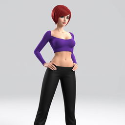 A 3D model of a woman with short red hair, wearing a long sleeve purple crop top that exposes her midriff, paired with long black pants and black high-heeled shoes