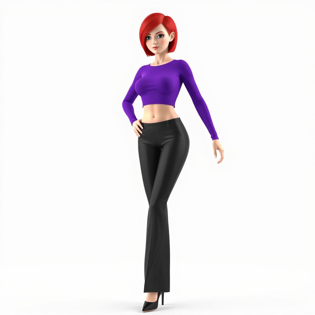 A 3D model of a woman with short red hair, wearing a long sleeve purple crop top that exposes her midriff, paired with long black pants and black high-heeled shoes