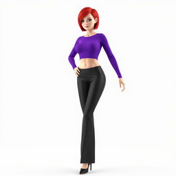 A 3D model of a woman with short red hair, wearing a long sleeve purple crop top that exposes her midriff, paired with long black pants and black high-heeled shoes