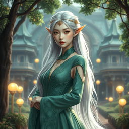 A stunning Korean high noble elf woman with elegant, flowing silver hair adorned with delicate golden accessories, wearing a beautifully intricate emerald green gown that accentuates her regal bearing