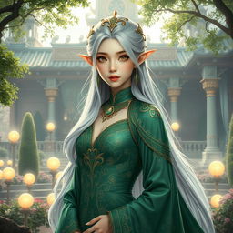 A stunning Korean high noble elf woman with elegant, flowing silver hair adorned with delicate golden accessories, wearing a beautifully intricate emerald green gown that accentuates her regal bearing