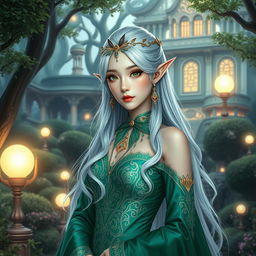 A stunning Korean high noble elf woman with elegant, flowing silver hair adorned with delicate golden accessories, wearing a beautifully intricate emerald green gown that accentuates her regal bearing