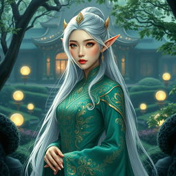 A stunning Korean high noble elf woman with elegant, flowing silver hair adorned with delicate golden accessories, wearing a beautifully intricate emerald green gown that accentuates her regal bearing