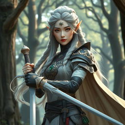 A striking Korean high noble elf woman in an elaborate warrior outfit that blends elegance with strength