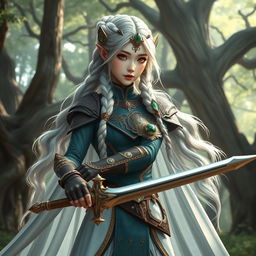 A striking Korean high noble elf woman in an elaborate warrior outfit that blends elegance with strength