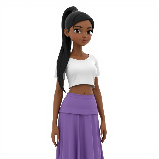 A 3D model of an Indian girl with dark skin, featuring long black hair styled in a ponytail