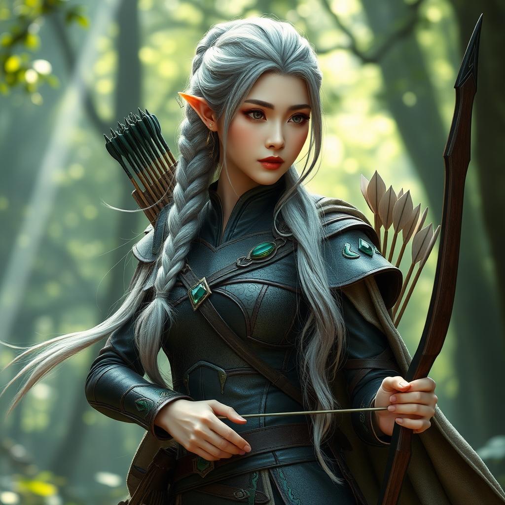 A captivating Korean high noble elf woman in a warrior archer outfit, featuring a combination of elegance and strength