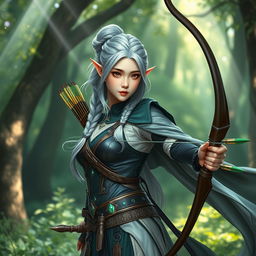 A captivating Korean high noble elf woman in a warrior archer outfit, featuring a combination of elegance and strength