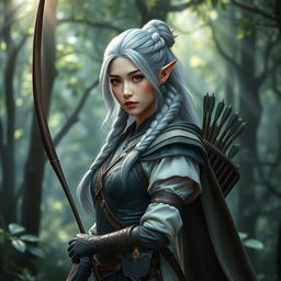 A captivating Korean high noble elf woman in a warrior archer outfit, featuring a combination of elegance and strength