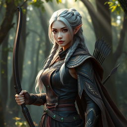 A captivating Korean high noble elf woman in a warrior archer outfit, featuring a combination of elegance and strength