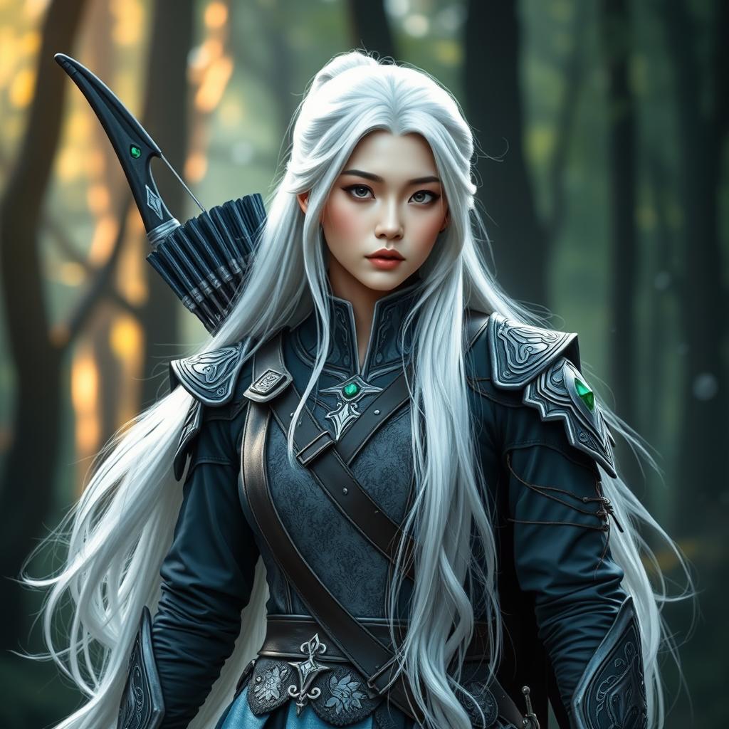 A stunning Korean high noble elf woman with long, flowing white hair elegantly styled, standing in a fierce warrior archer outfit