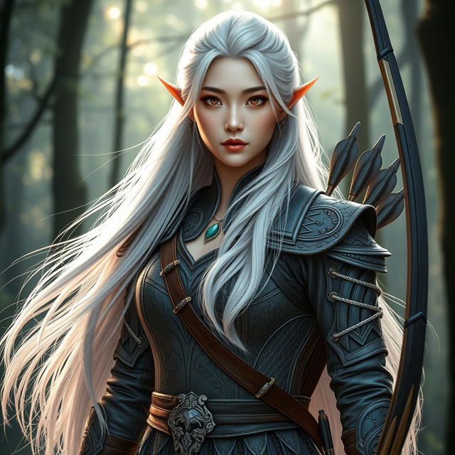 A stunning Korean high noble elf woman with long, flowing white hair elegantly styled, standing in a fierce warrior archer outfit