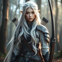 A stunning Korean high noble elf woman with long, flowing white hair elegantly styled, standing in a fierce warrior archer outfit