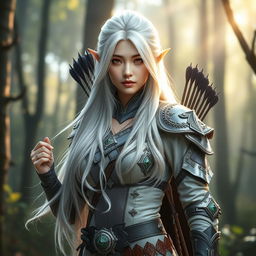 A stunning Korean high noble elf woman with long, flowing white hair elegantly styled, standing in a fierce warrior archer outfit