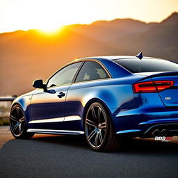 A sleek Audi S4 B7 in a vibrant metallic blue color, parked elegantly on a scenic overlook with mountains in the background